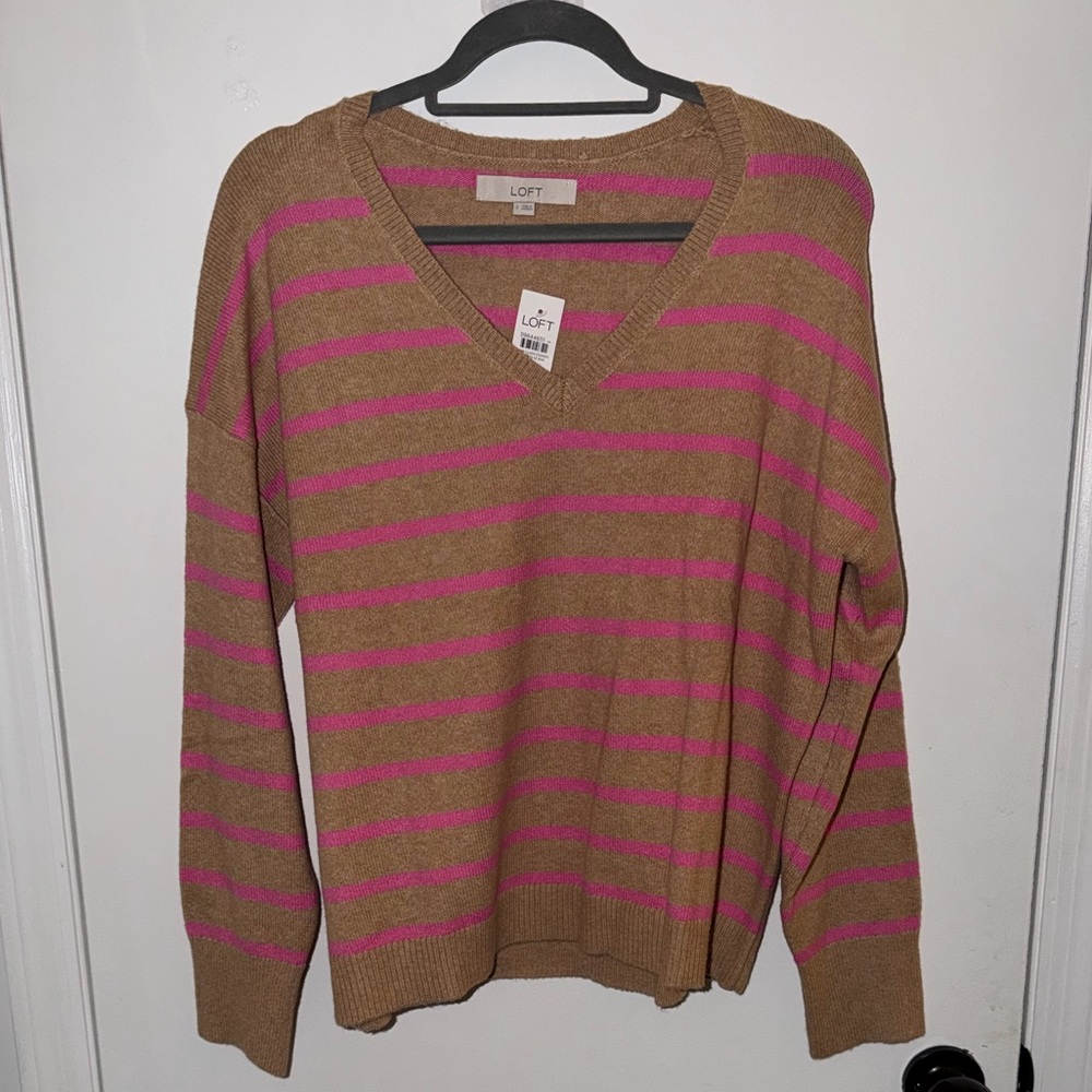 LOFT Tan and Pink Striped V-Neck Sweater